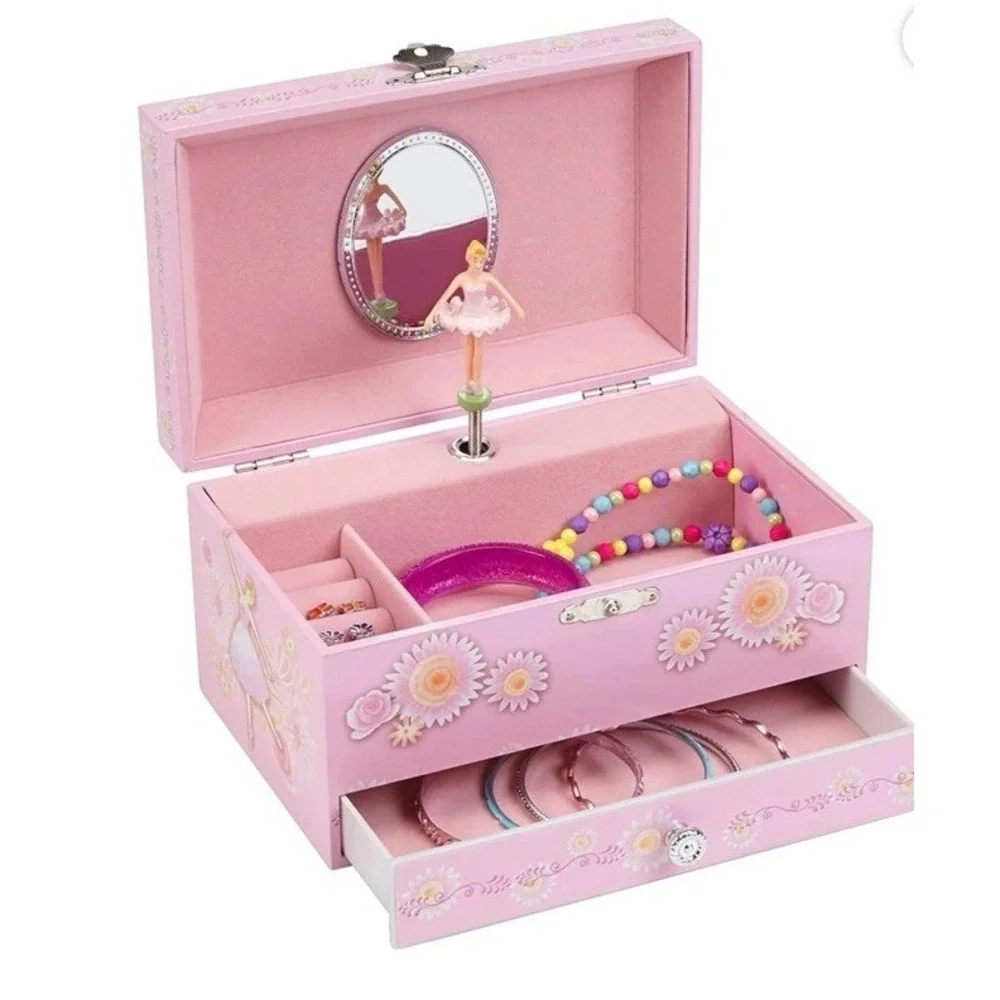 Ballerina Music Jewelry Box Pink Interior Floral Design with Drawer Collectible